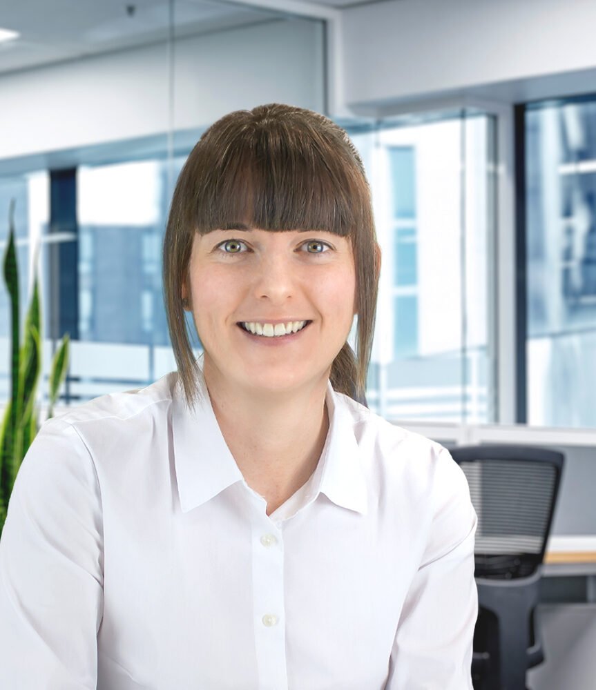 girl full fringe in office